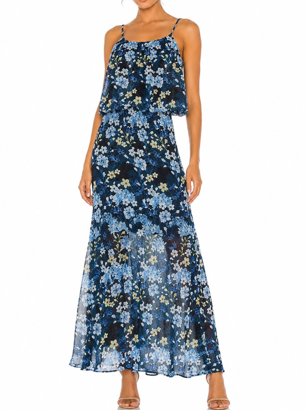 Blue Floral Maxi Dress Boho Chiffon Overlay Dress 
Spring Summer Wedding Guest
